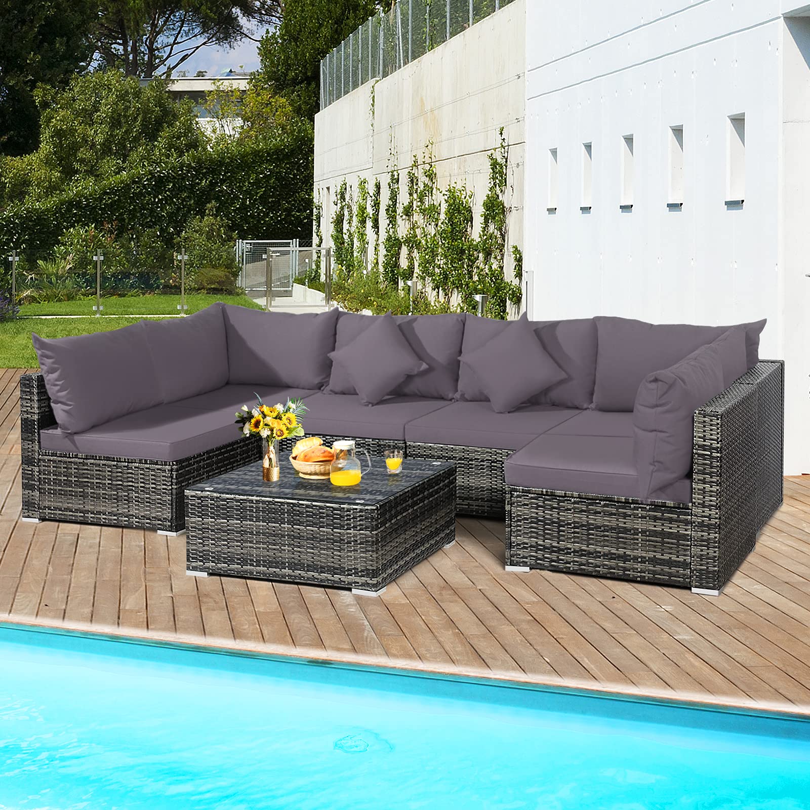 Ensemble de meubles de patio 7 pièces, ensemble de canapés modulaires d'extérieur en rotin PE